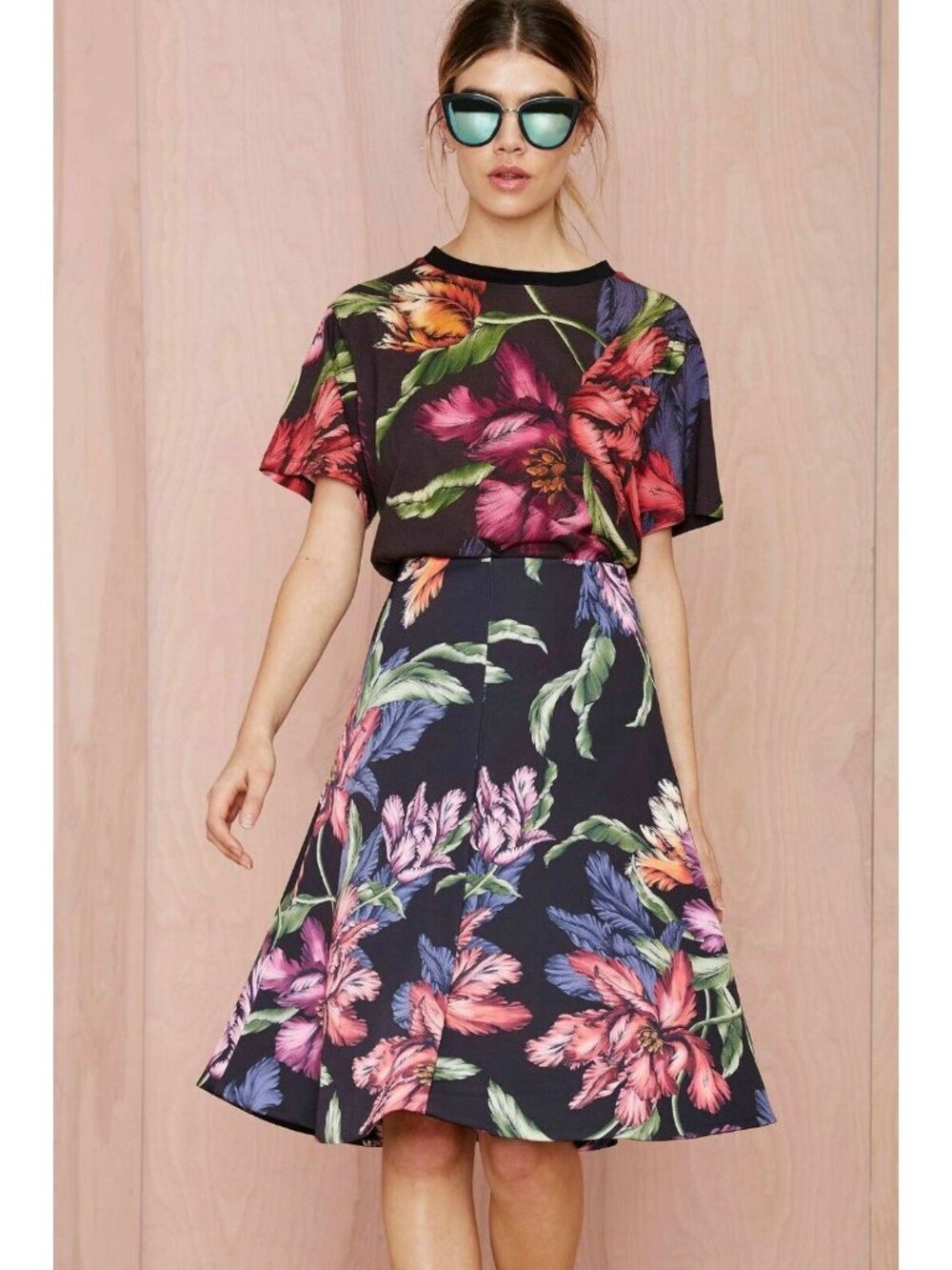 Cameo Night Lily Tropical Floral Midi Skirt Size L Black Lined - Picture 15 of 16